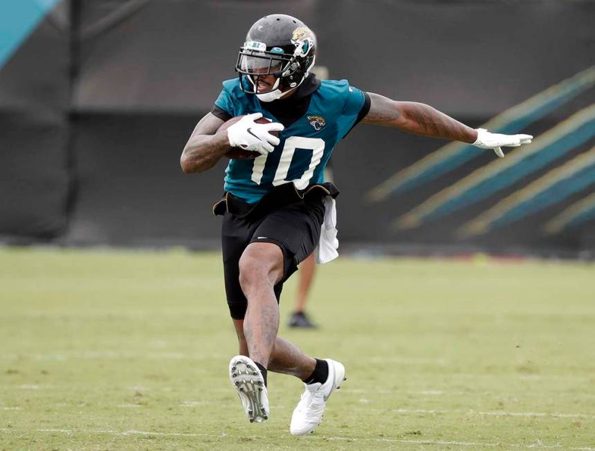 In this July 26, 2019, file photo, Jacksonville Jaguars wide receiver Terrelle Pryor Jr. (10) r ...