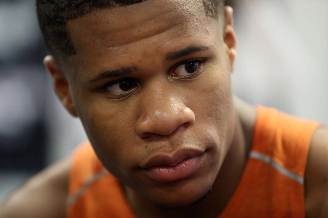 Boxer Devin Haney is interviewed during a training camp workout at the Capetillo & TM Boxing Gy ...