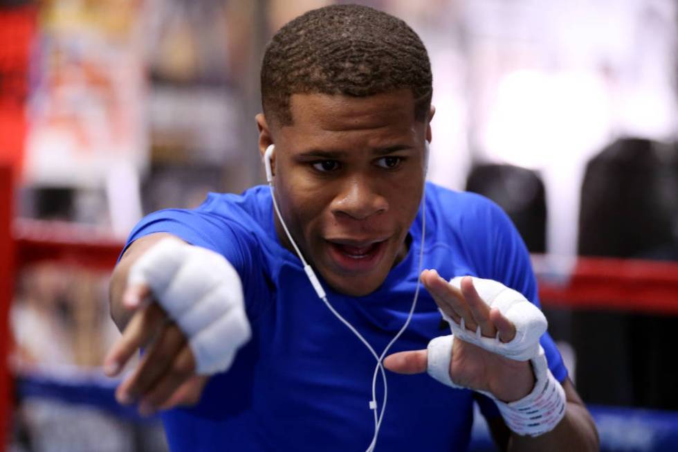 Boxer Devin Haney shadow boxes during a training camp workout at the Capetillo & TM Boxing Gym ...