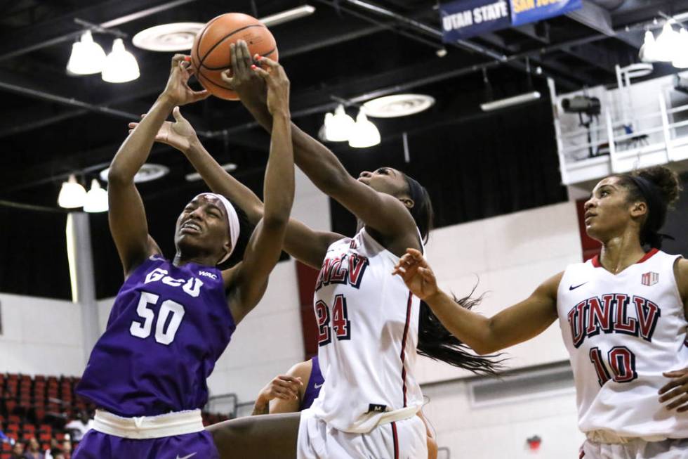 UNLV center Rodjanae Wade, center, shown in 2017, had 21 points and nine rebounds Sunday in the ...