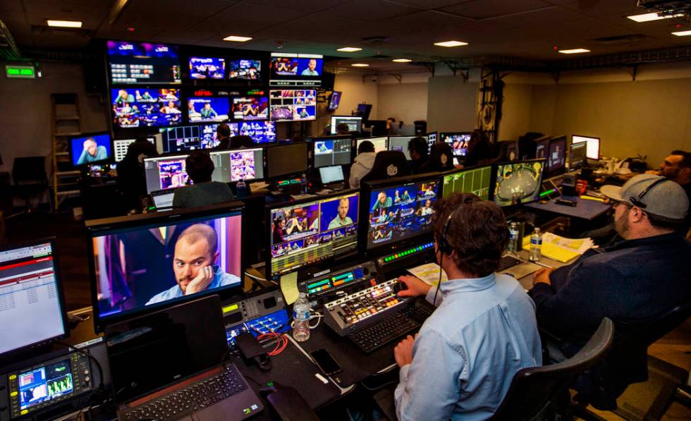 The control room is busy during the 2019 Poker Masters broadcast in the PokerGO Studio at the A ...