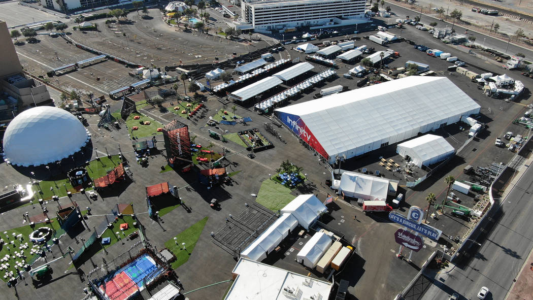 Aerial view of the Las Vegas Festival Grounds at the corner of Sahara and Las Vegas Boulevard i ...