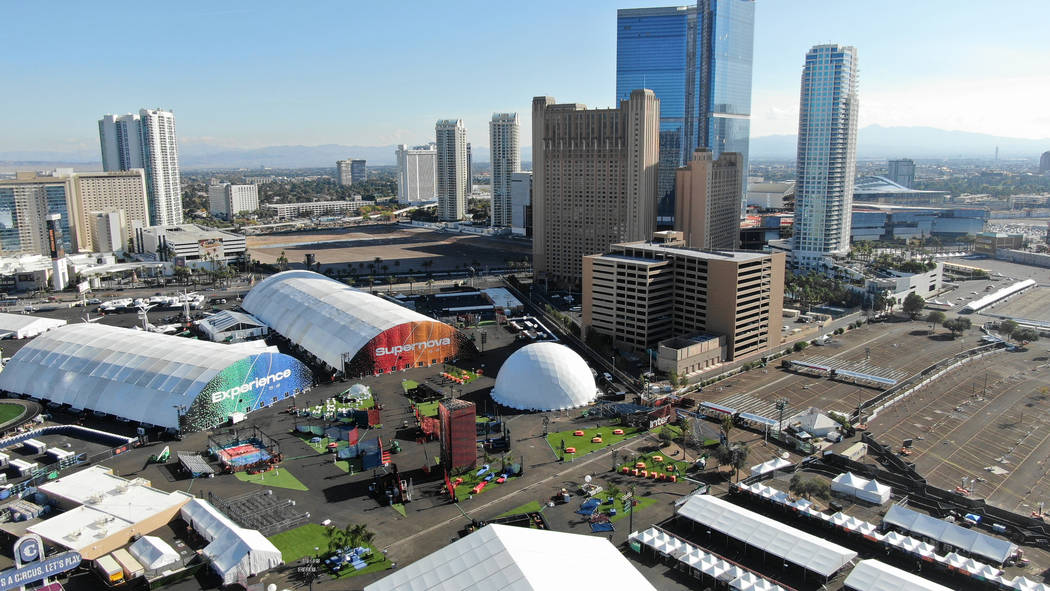 Aerial view of the Las Vegas Festival Grounds at the corner of Sahara and Las Vegas Boulevard i ...