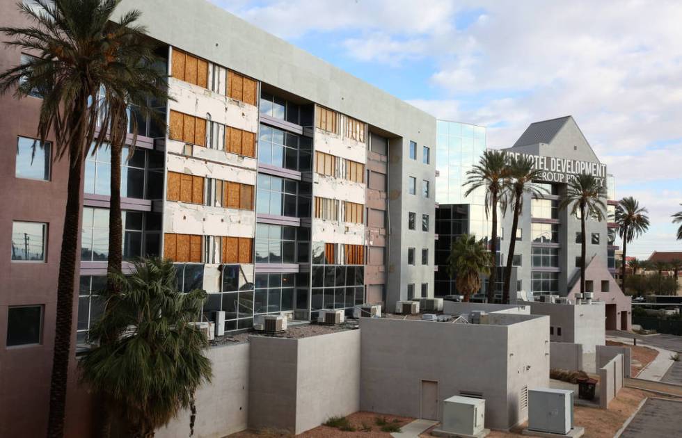 The shuttered Atrium Suites Hotel, east of the Strip next to the Hard Rock Hotel, photographed ...