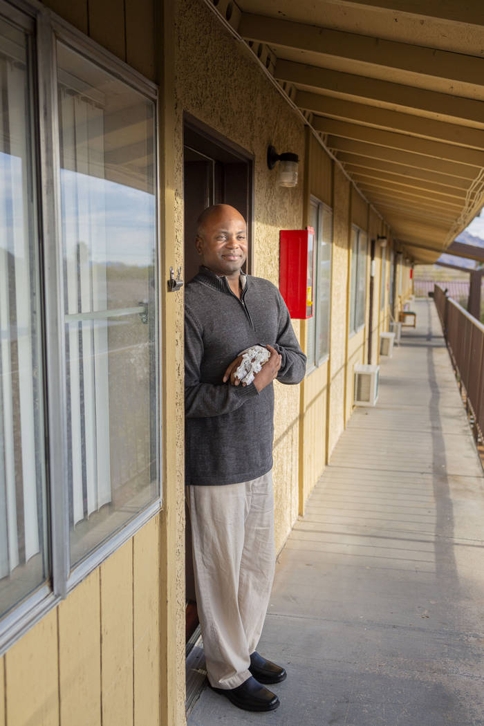 Jeffrey Fikes poses in the doorway of his supportive housing unit in North Las Vegas on Tuesday ...
