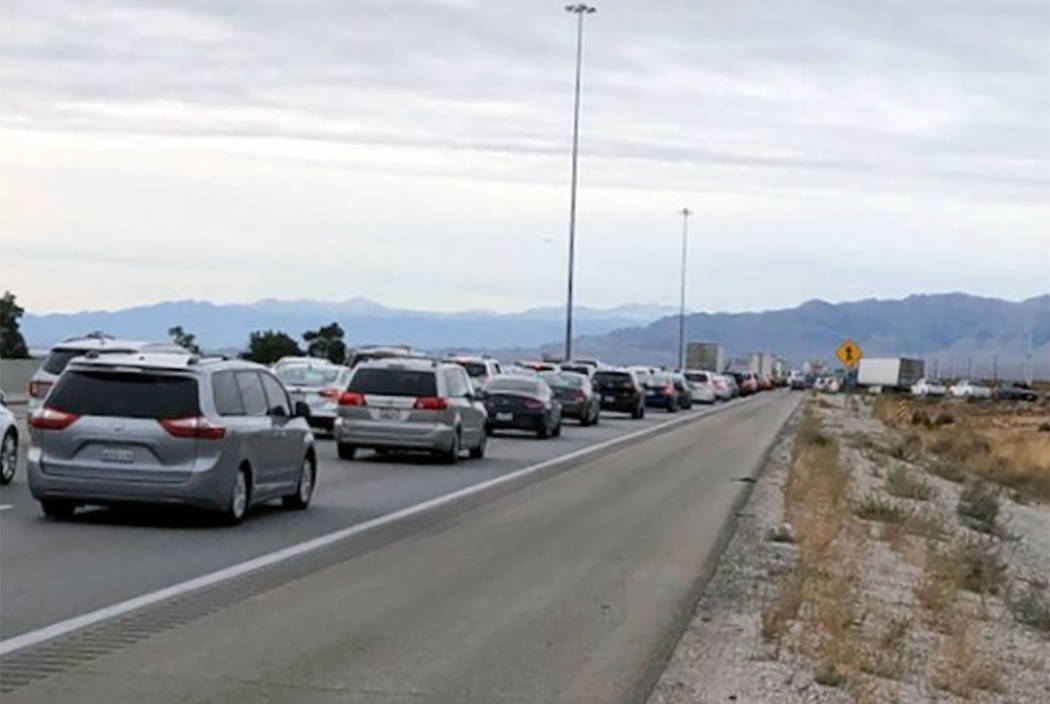 Traffic is backed up on Interstate 15 north of Primm on Sunday, Dec. 1, 2019. (NHP)