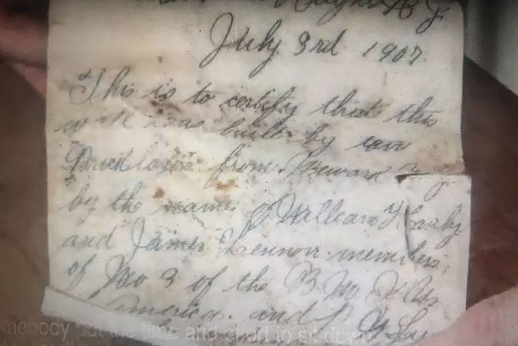 A note dated July 3, 1907, and placed in a beer bottle by two Newark bricklayers was discovered ...