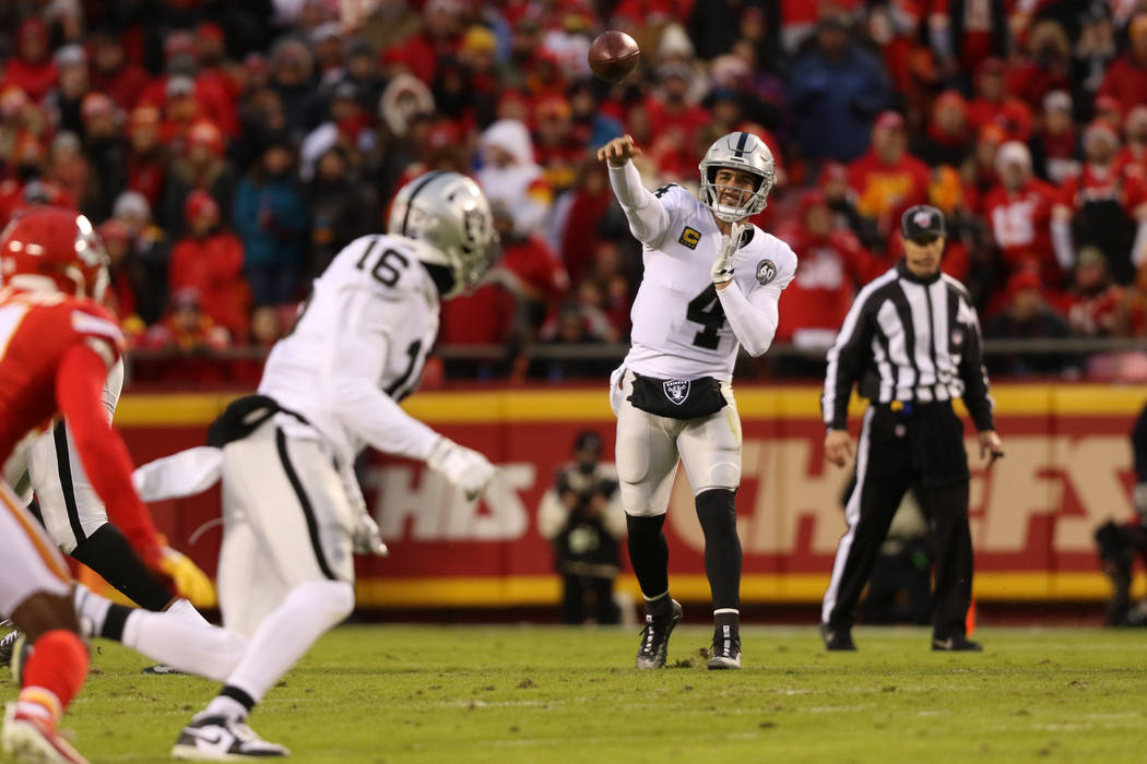 Oakland Raiders quarterback Derek Carr (4) throws the football to wide receiver Tyrell Williams ...