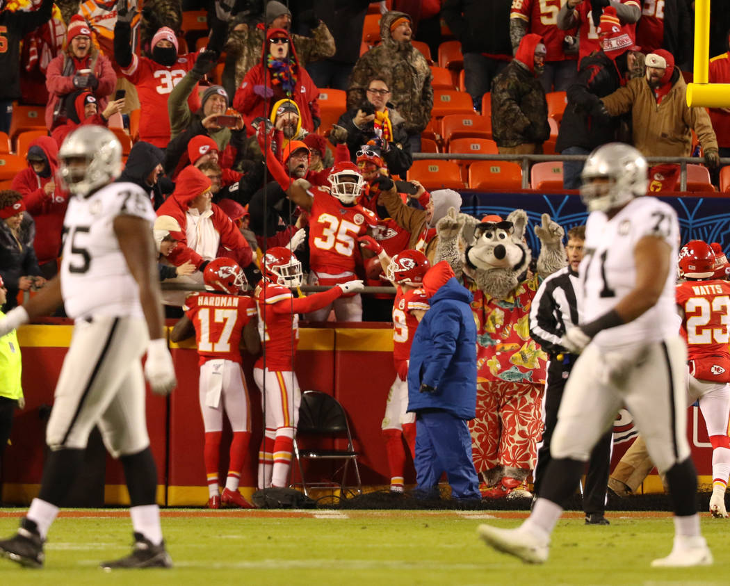 Kansas City Chiefs cornerback Charvarius Ward (35) celebrates his defensive two-point score wit ...