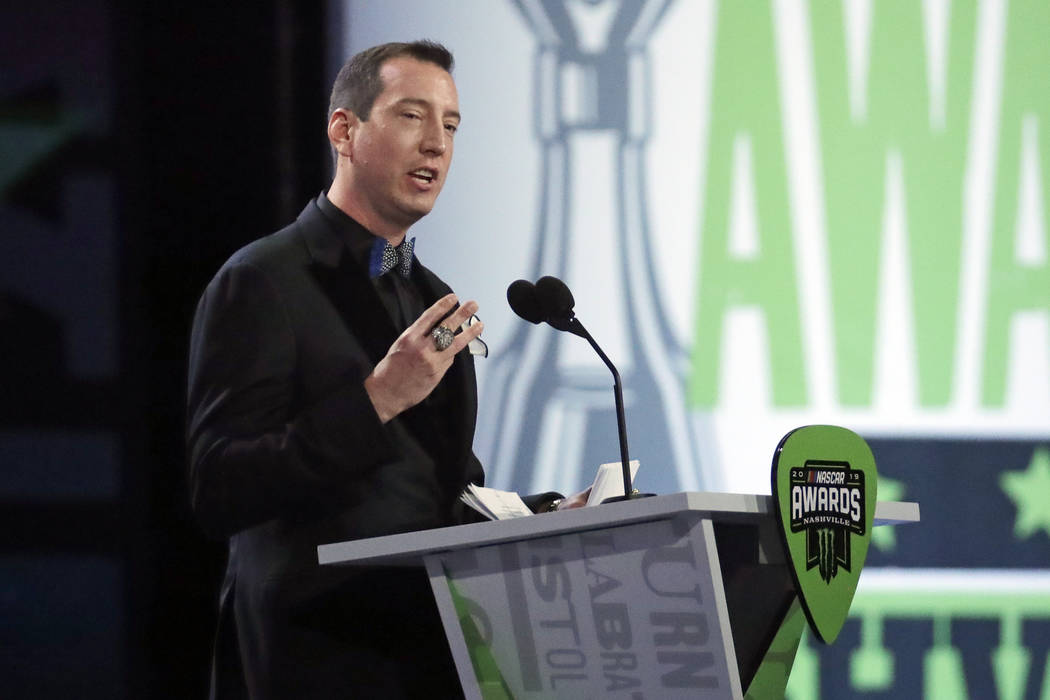 Kyle Busch speaks as he is honored at the NASCAR Cup Series Awards on Thursday, Dec. 5, 2019, i ...