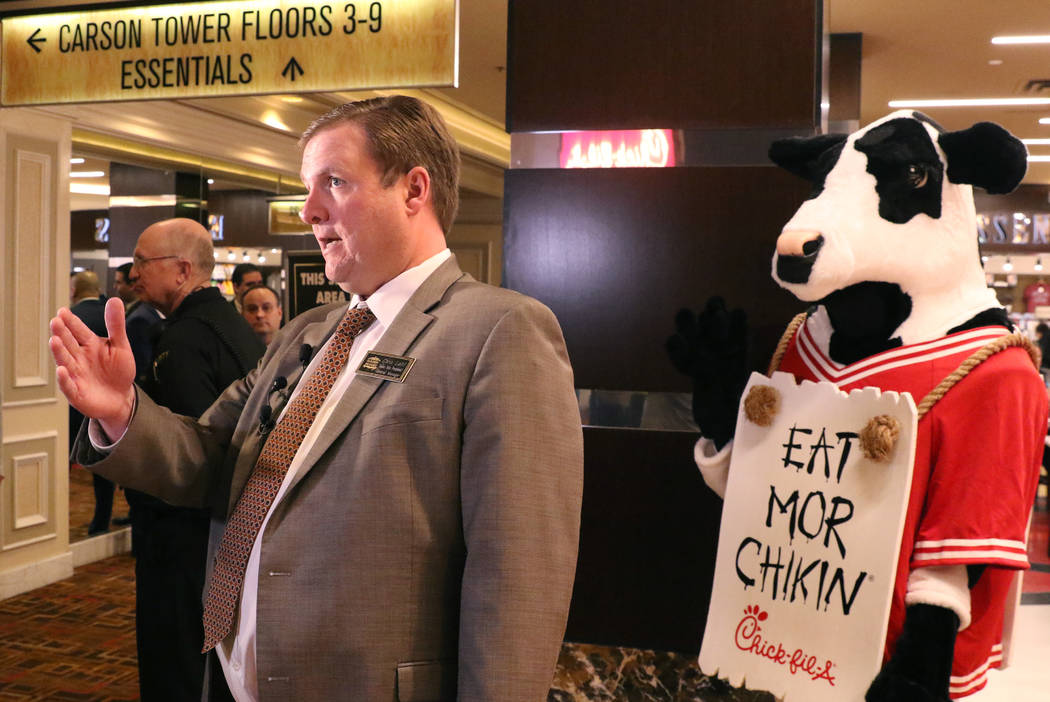 Chris Latil, senior vice president/general manager at the Golden Nugget, speaks during the open ...