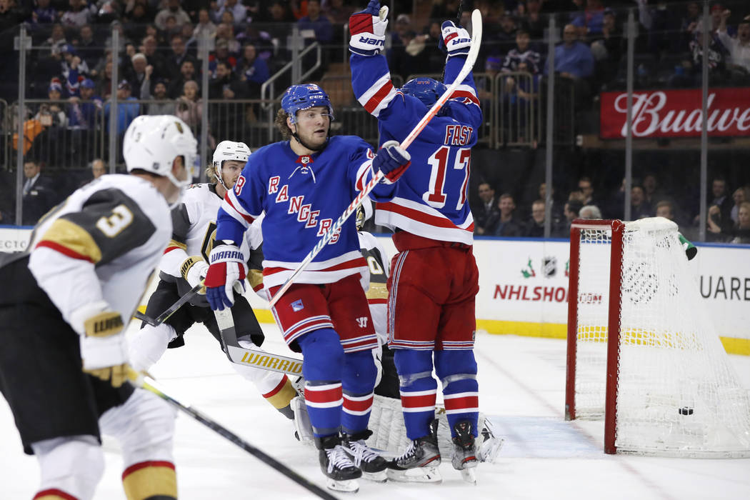 New York Rangers left wing Brendan Lemieux (48) and right wing Jesper Fast (17) celebrate Lemie ...