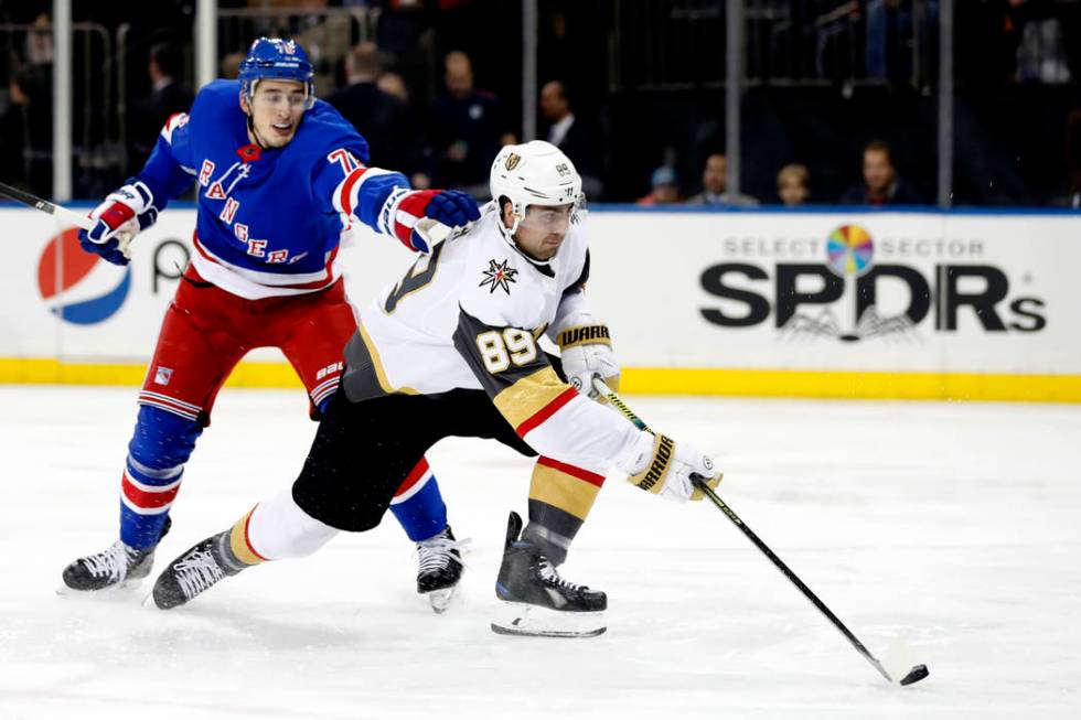 New York Rangers defenseman Brady Skjei (76) cannot stop Vegas Golden Knights right wing Alex T ...