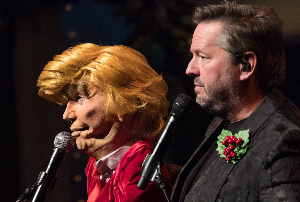 President Trump, in puppet form, is shown with Terry Fator at the Mirage in Las Vegas on Friday ...