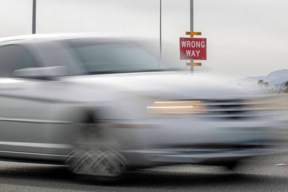A car passes the Nevada Department of Transportation pilot program to alert wrong way drivers o ...