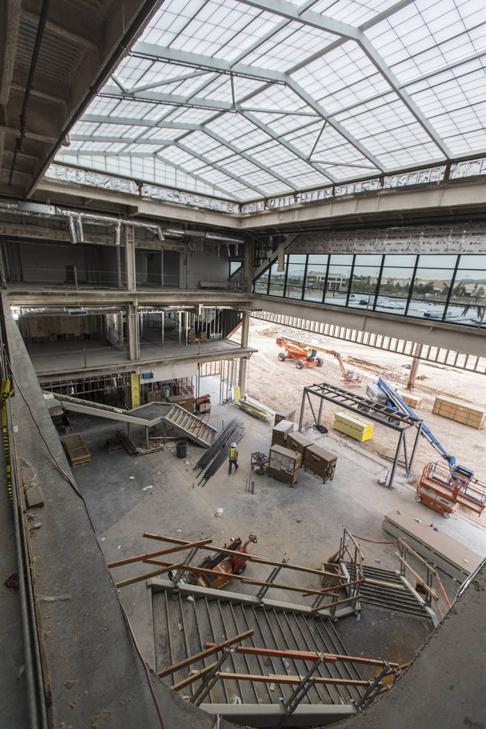 Construction continues on the main entrance to the future Raiders headquarters and practice fac ...