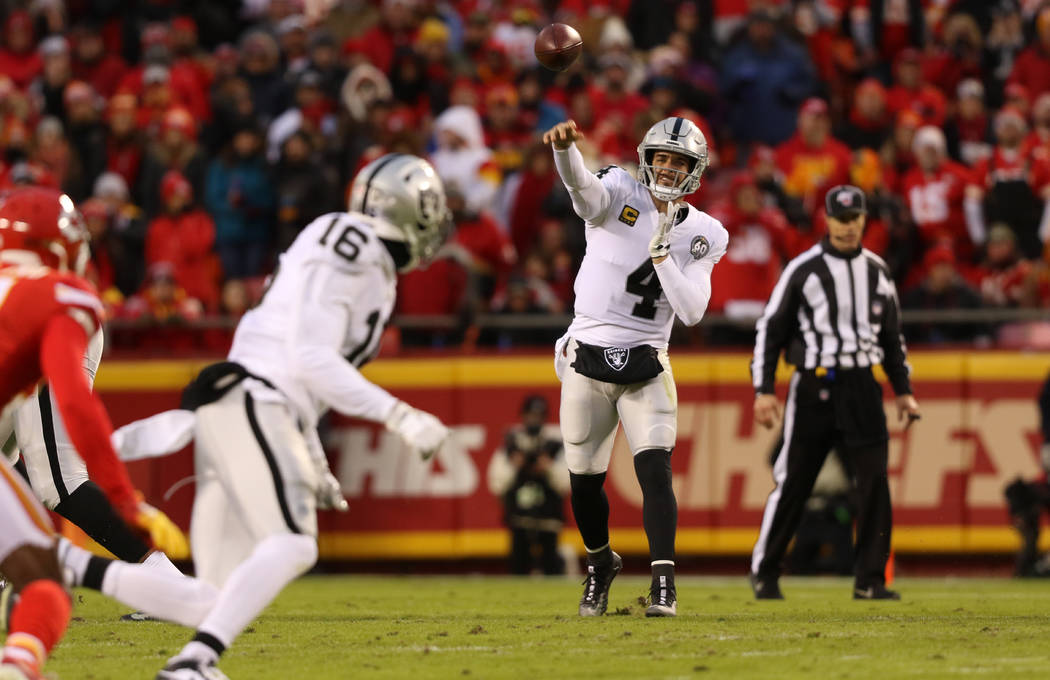 Oakland Raiders quarterback Derek Carr (4) throws the football to wide receiver Tyrell Williams ...