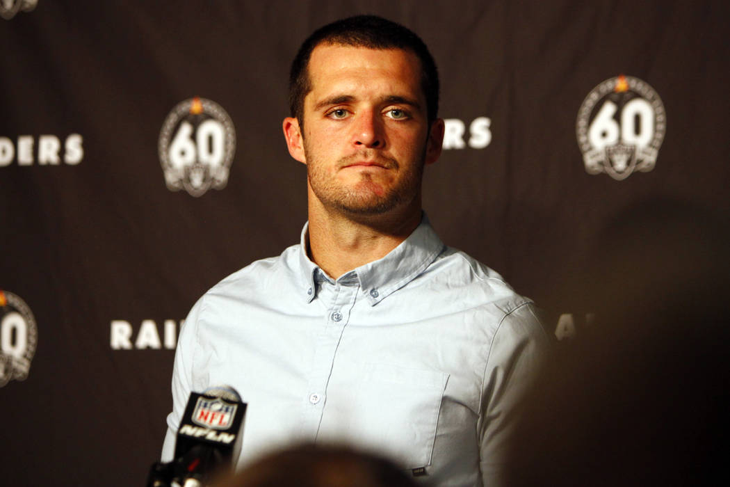 Oakland Raiders quarterback Derek Carr listens to media questions after losing an NFL game, 27- ...