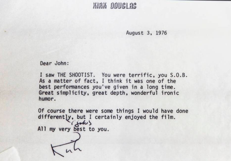 I signed letter from actor Kirk Douglas complimenting film icon John Wayne at the "John Wa ...