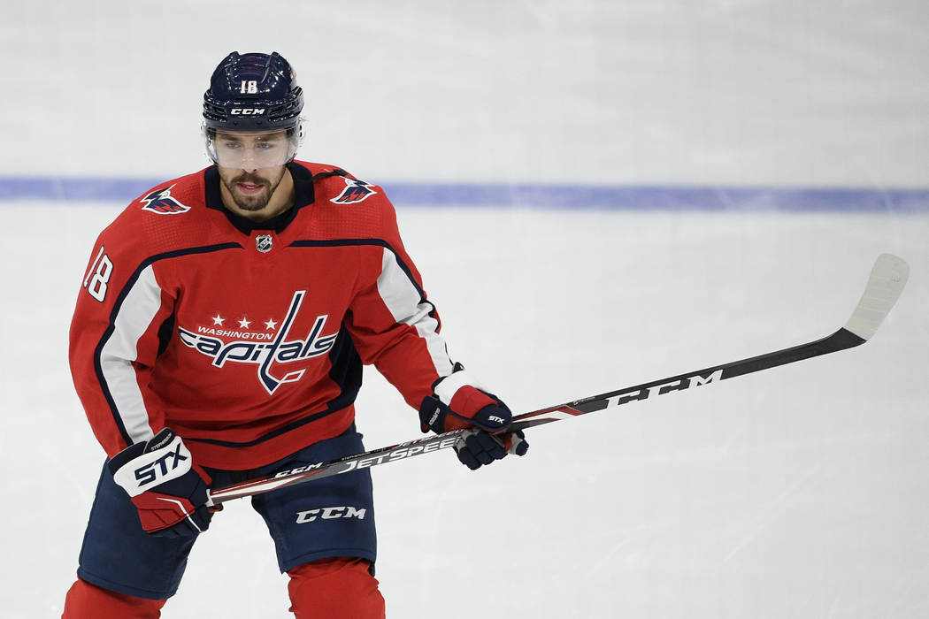 Washington Capitals center Chandler Stephenson (18) warms up before an NHL hockey game against ...