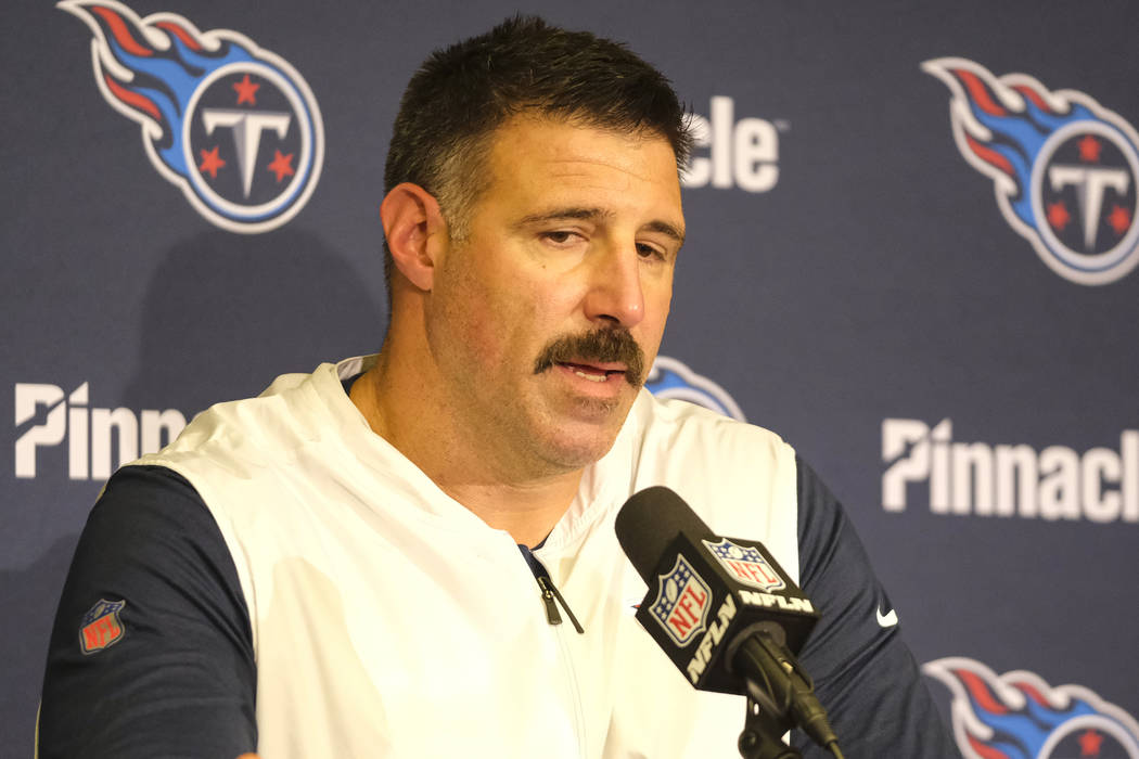 Tennessee Titans head coach Mike Vrabel speaks during a press conference following an NFL footb ...
