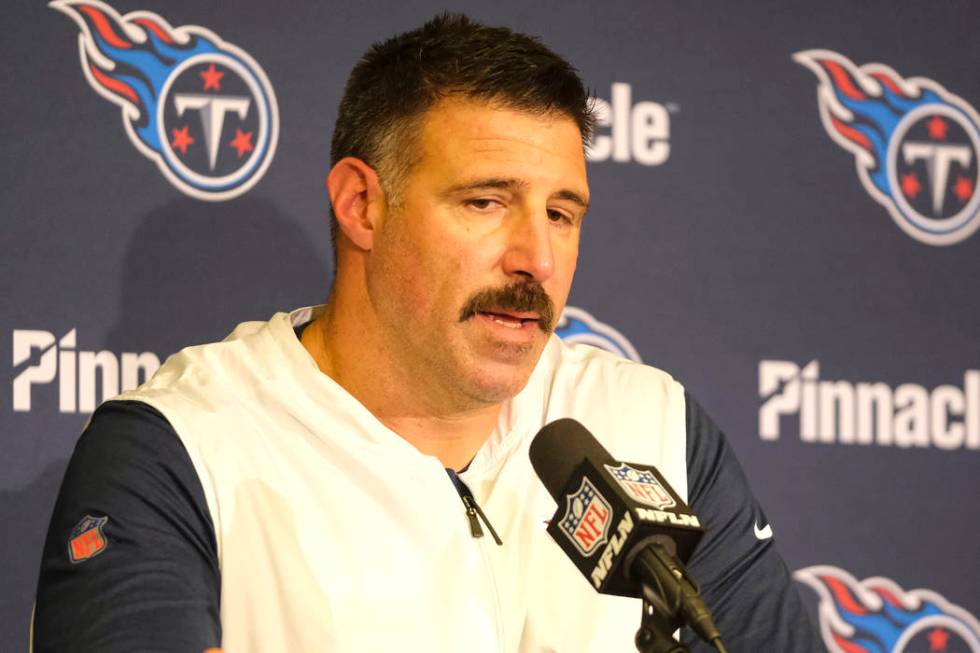 Tennessee Titans head coach Mike Vrabel speaks during a press conference following an NFL footb ...