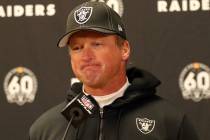 Oakland Raiders head coach Jon Gruden meets with the media after an NFL game against the Kansas ...