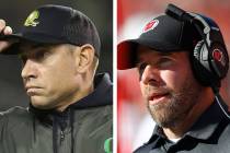 Oregon offensive coordinator Marcus Arroyo, left, and Utah defensive coordinator Morgan Scalley ...