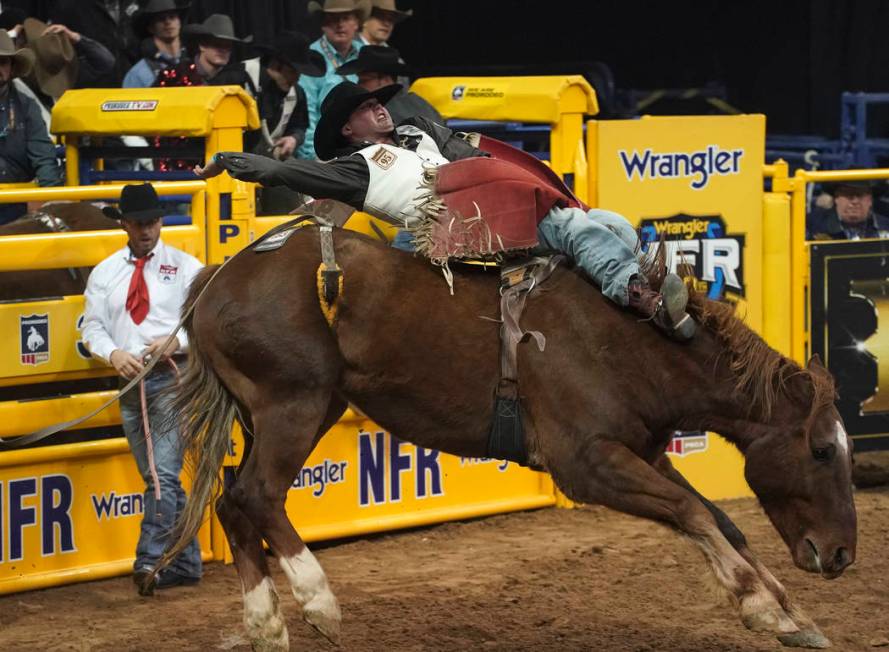 Shane O'Connell of Rapid City, S.D. competes in the bareback riding event during the eighth go- ...