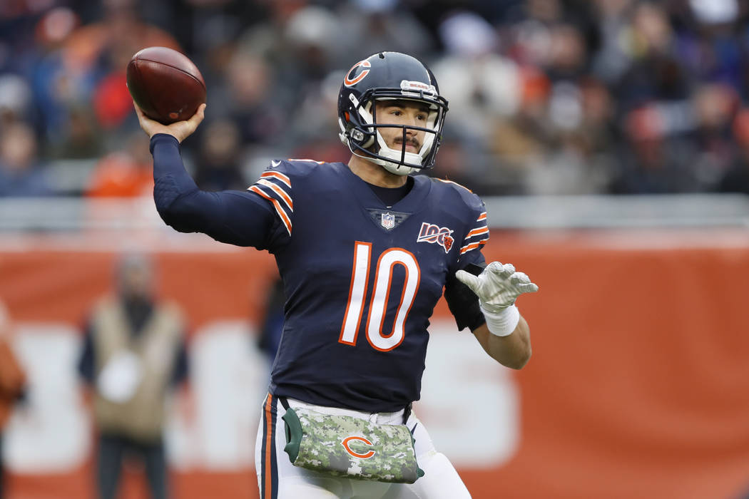 Chicago Bears quarterback Mitchell Trubisky throws against the Detroit Lions during the second ...