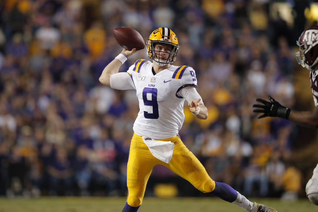 LSU quarterback Joe Burrow throws a pass during the second half of the team's NCAA college foot ...