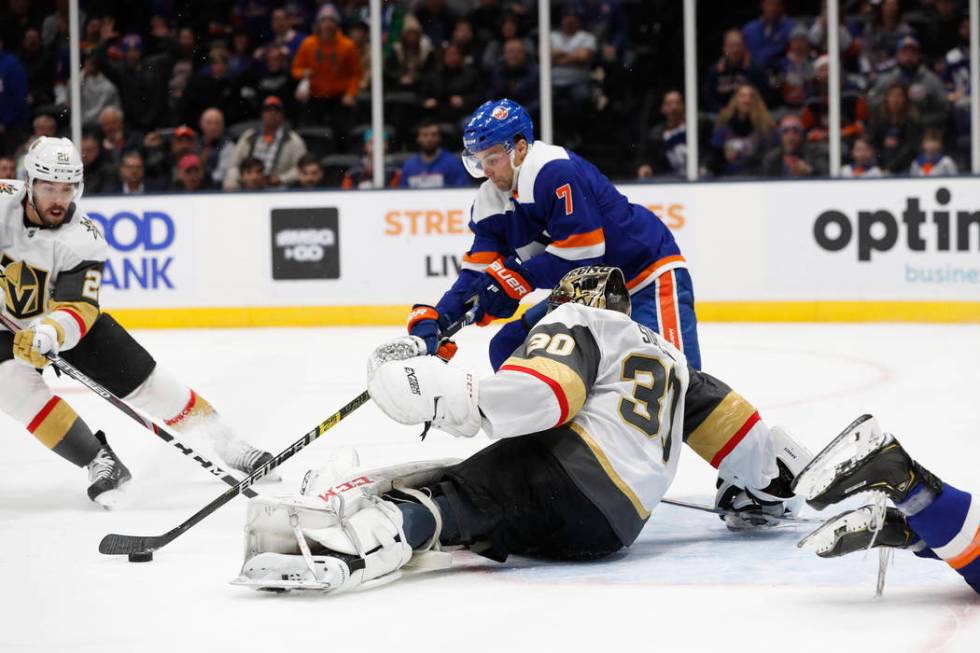 New York Islanders right wing Jordan Eberle (7) tries to get off a shot against Vegas Golden Kn ...