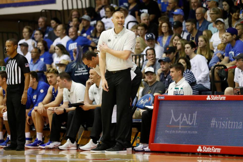 BYU head coach Mark Pope reacts on the sidelines during the first half of an NCAA college baske ...