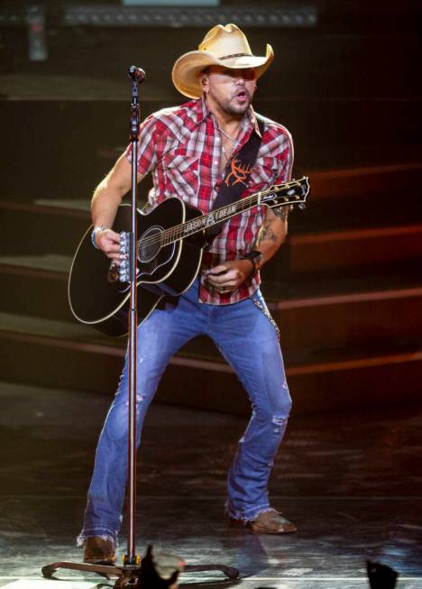 Jason Aldean performs at the Park MGM's Park Theater in Las Vegas on Friday, Dec. 6, 2019. (Eli ...