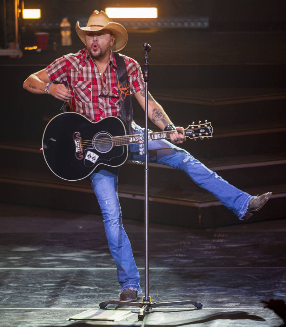 Jason Aldean performs at the Park MGM's Park Theater in Las Vegas on Friday, Dec. 6, 2019. (Eli ...