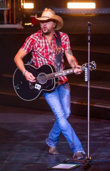 Jason Aldean performs at the Park MGM's Park Theater in Las Vegas on Friday, Dec. 6, 2019. (Eli ...