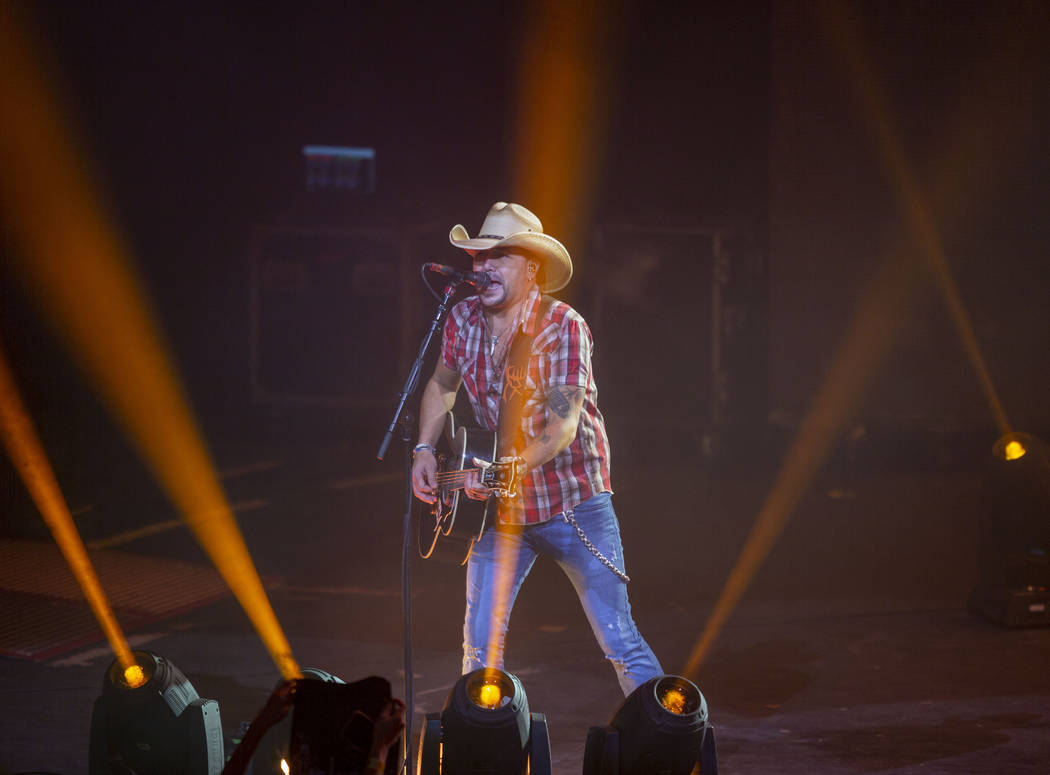 Jason Aldean performs at the Park MGM's Park Theater in Las Vegas on Friday, Dec. 6, 2019. (Eli ...