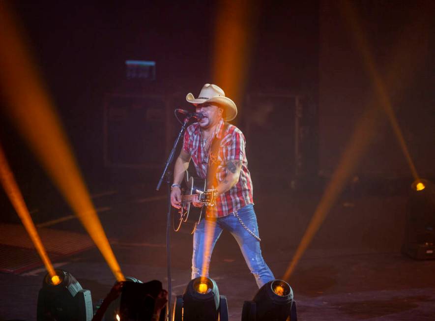 Jason Aldean performs at the Park MGM's Park Theater in Las Vegas on Friday, Dec. 6, 2019. (Eli ...