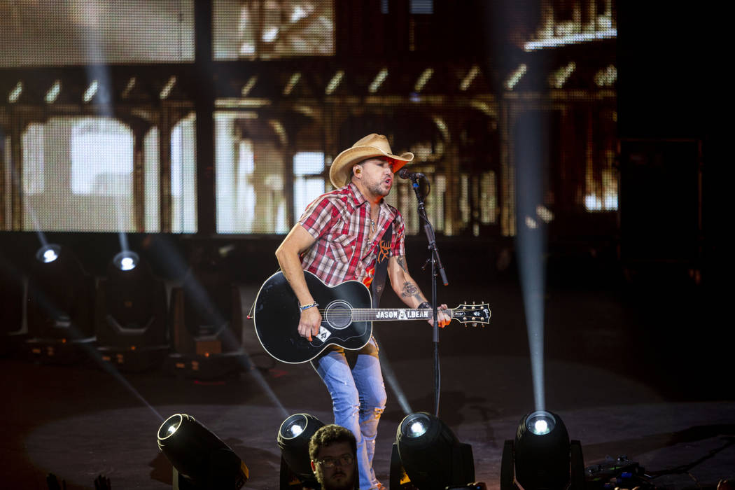 Jason Aldean performs at the Park MGM's Park Theater in Las Vegas on Friday, Dec. 6, 2019. (Eli ...