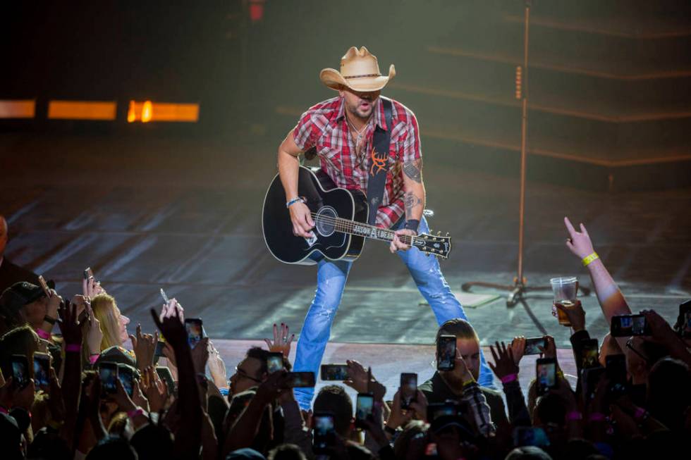 Jason Aldean performs at the Park MGM's Park Theater in Las Vegas on Friday, Dec. 6, 2019. (Eli ...