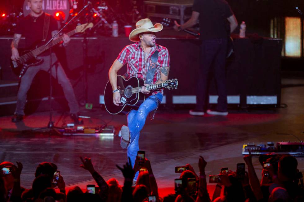 Jason Aldean performs at the Park MGM's Park Theater in Las Vegas on Friday, Dec. 6, 2019. (Eli ...