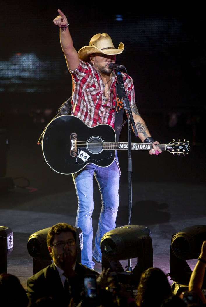 Jason Aldean performs at the Park MGM's Park Theater in Las Vegas on Friday, Dec. 6, 2019. (Eli ...