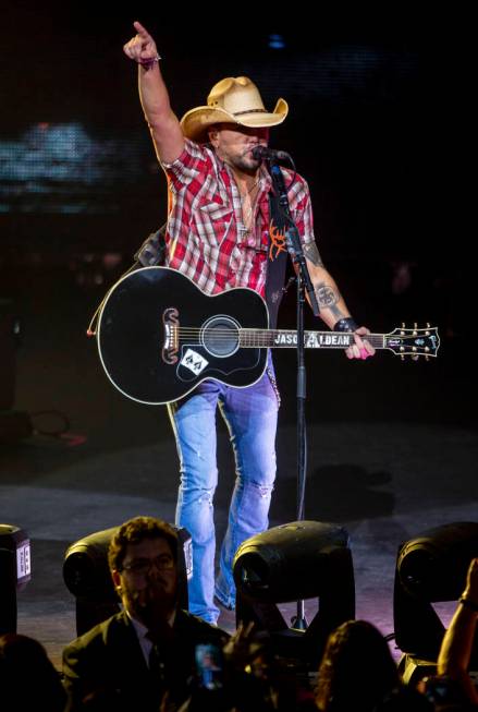 Jason Aldean performs at the Park MGM's Park Theater in Las Vegas on Friday, Dec. 6, 2019. (Eli ...