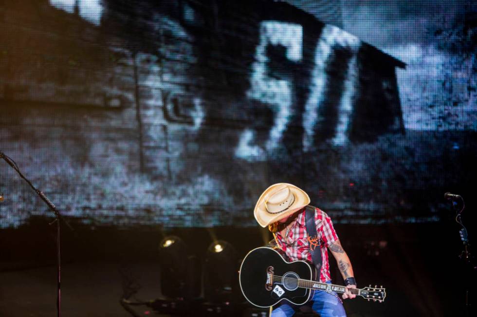 Jason Aldean performs at the Park MGM's Park Theater in Las Vegas on Friday, Dec. 6, 2019. (Eli ...