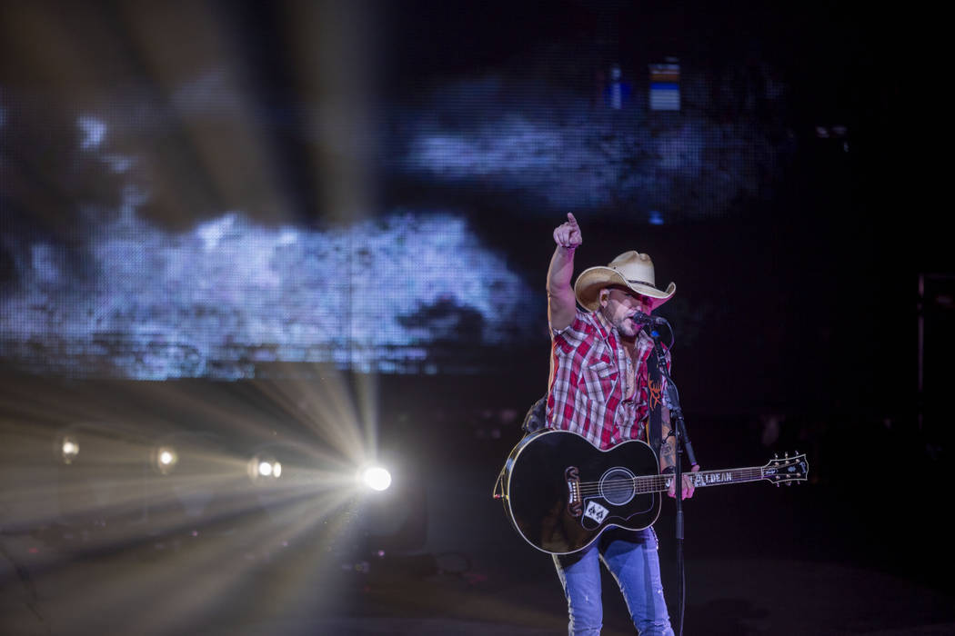 Jason Aldean performs at the Park MGM's Park Theater in Las Vegas on Friday, Dec. 6, 2019. (Eli ...