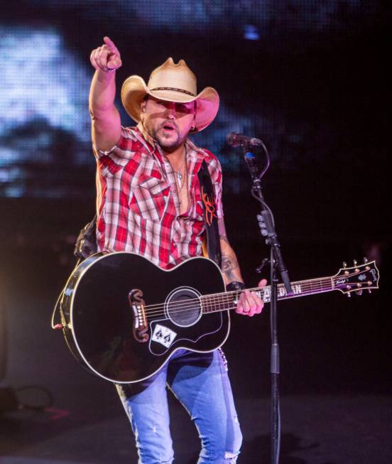 Jason Aldean performs at the Park MGM's Park Theater in Las Vegas on Friday, Dec. 6, 2019. (Eli ...