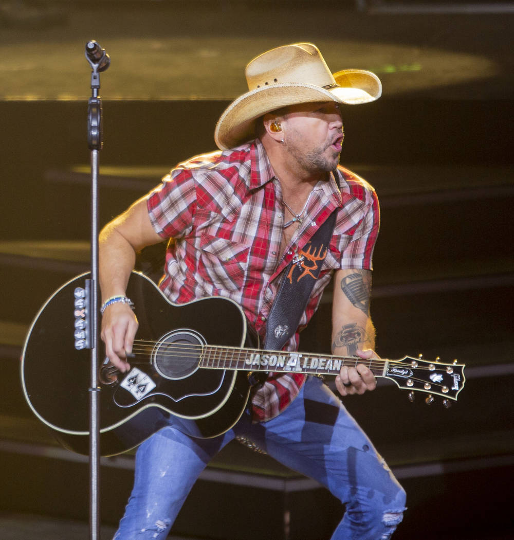 Jason Aldean performs at the Park MGM's Park Theater in Las Vegas on Friday, Dec. 6, 2019. (Eli ...