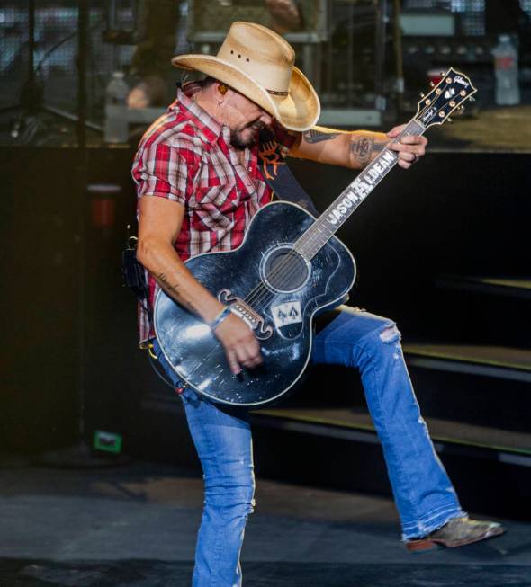 Jason Aldean performs at the Park MGM's Park Theater in Las Vegas on Friday, Dec. 6, 2019. (Eli ...