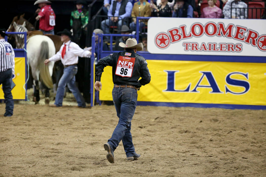 Dakota Eldridge of Elko competes in Steer Wrestling during the second go-around of the Wrangler ...