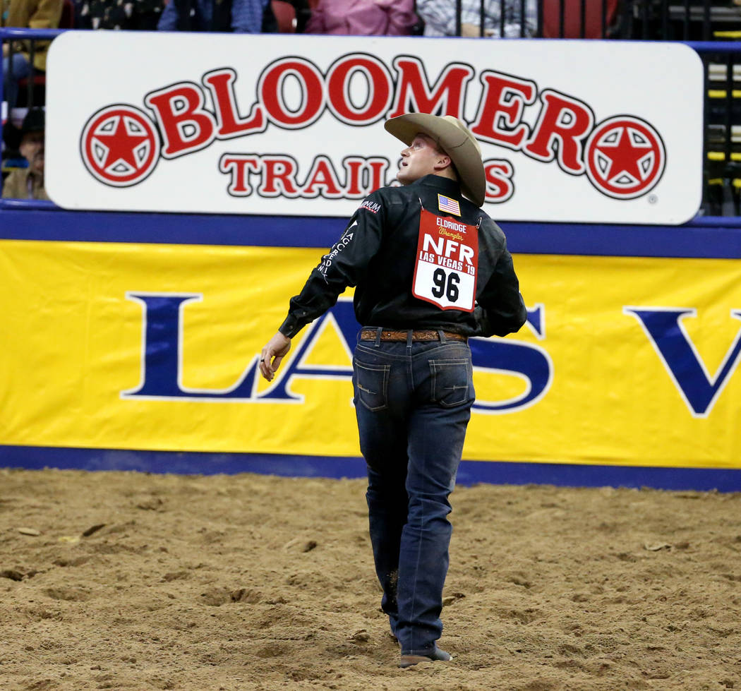 Dakota Eldridge of Elko competes in Steer Wrestling during the second go-around of the Wrangler ...